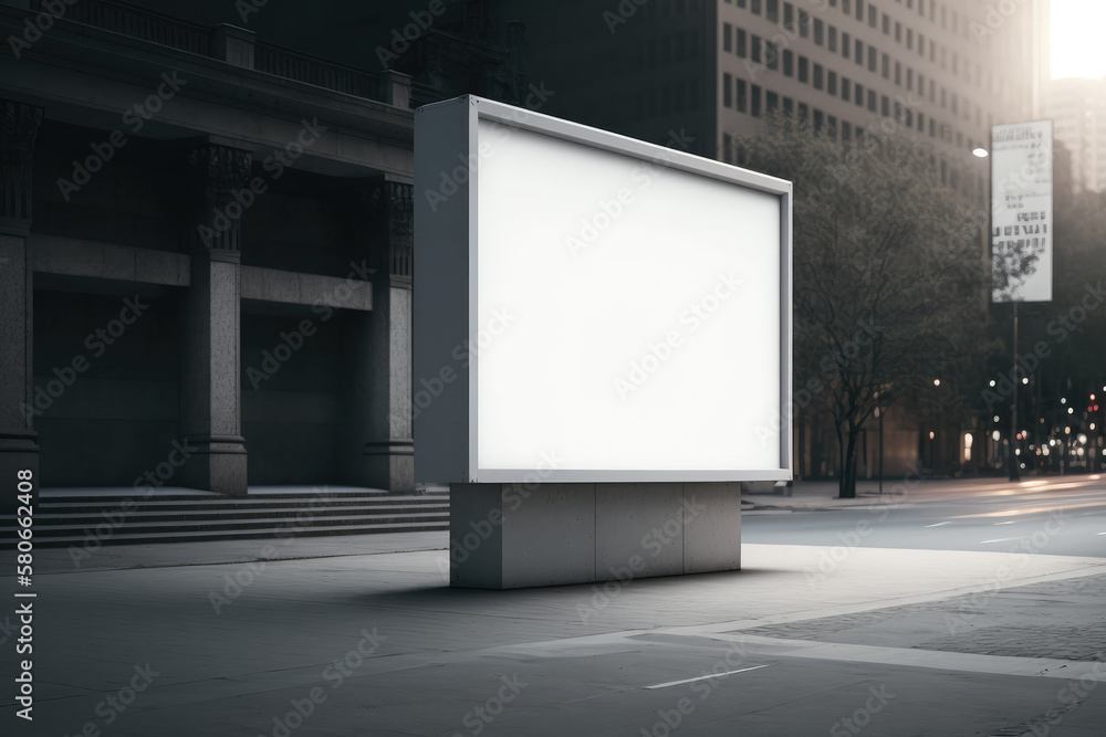 Empty white mockup billboard in city street. Created with Generative AI technology.