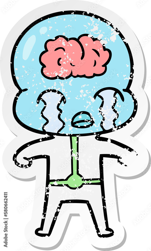 distressed sticker of a cartoon big brain alien crying