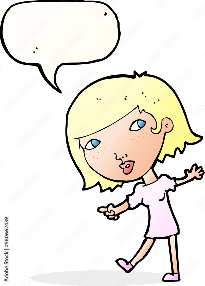 cartoon happy girl gesturing to follow with speech bubble cartoon happy girl gesturing to follow with speech bubble