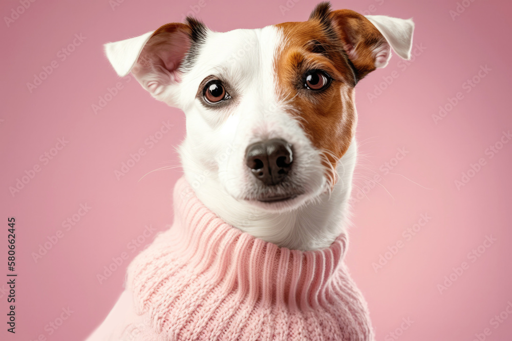 Funny Jack Russell Terrier wearing knit sweater on a pink background. Created with Generative AI technology.