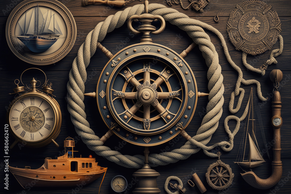Nautical background with ropes, weathered deck, anchor. Travel and adventure concept. Created with Generative AI technology.