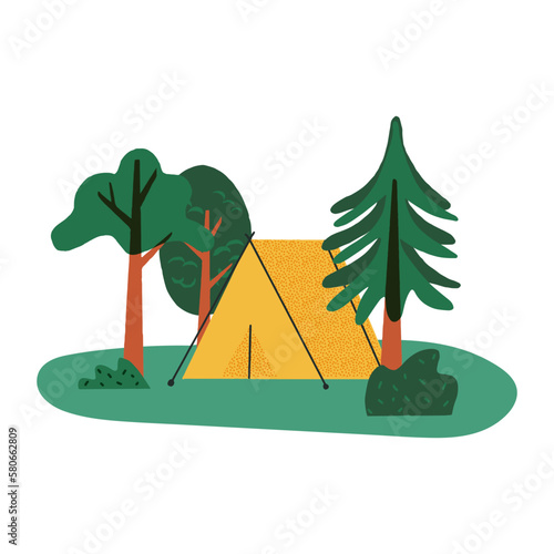 Cute camping landscape. Touristic tent on a meadow surrounded by trees. Hand-drawn vector illustration with retro vibes.