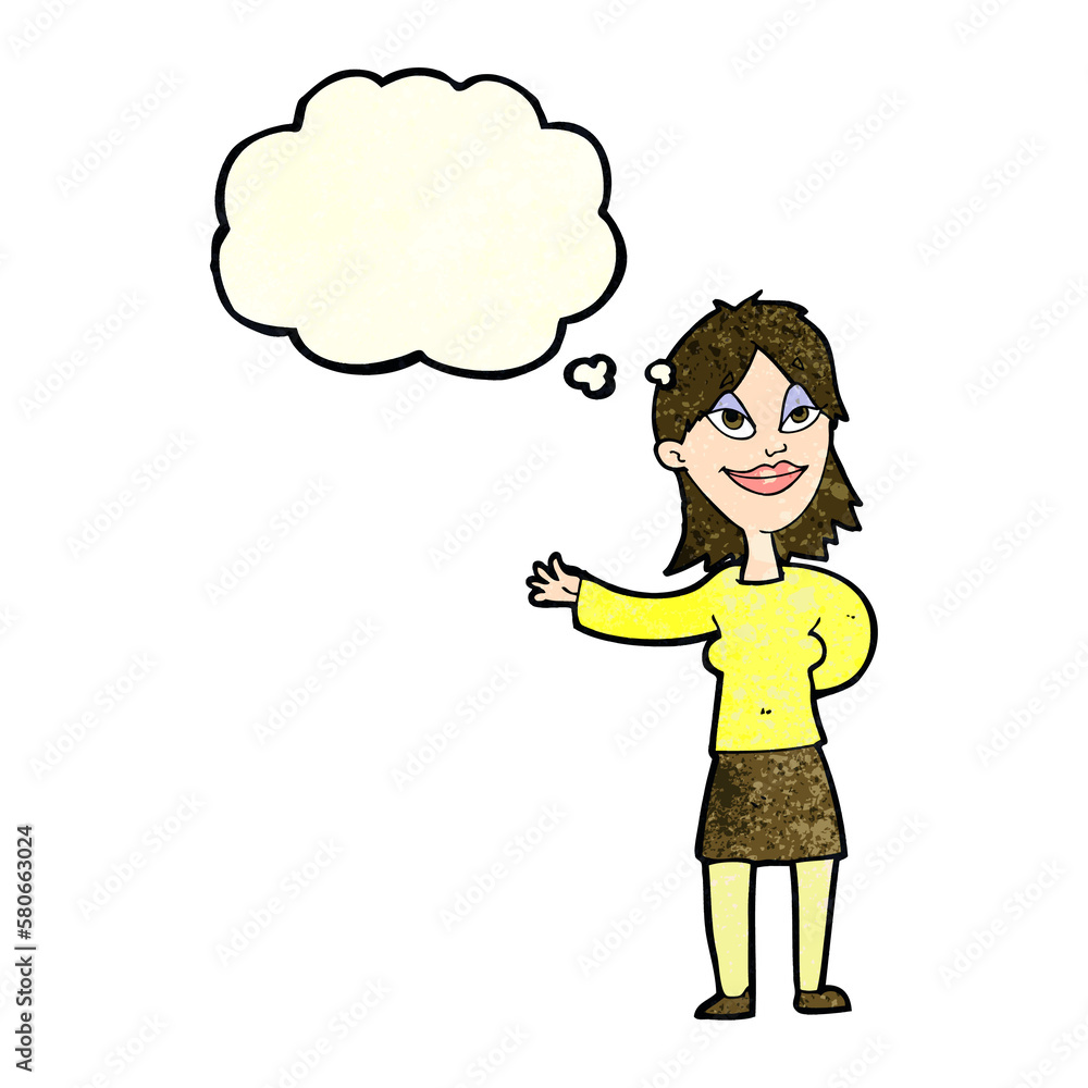 cartoon woman gesturing to show something with thought bubble cartoon woman gesturing to show something with thought bubble