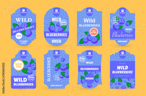 Wild organic blueberries package sticker design template set vector natural blue berries