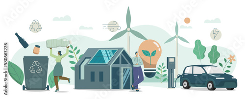 Set of Eco friendly sustainable, Waste recycling project, Modern ecology house and solar panels, Electric car charging station,
Renewable energy sources concept, Vector design illustration.