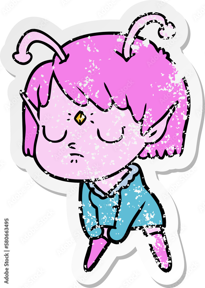 distressed sticker of a cartoon alien girl distressed sticker of a cartoon alien girl