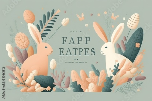 Happy Easter banner, poster, greeting card. Trendy Easter design with typography, bunnies, flowers, eggs, and bunny ears, in pastel colors. Modern minimal style, AI genertaed photo