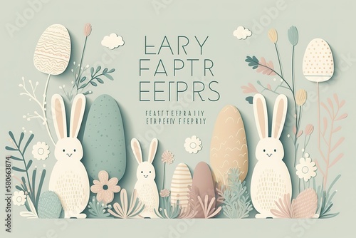 Happy Easter banner, poster, greeting card. Trendy Easter design with typography, bunnies, flowers, eggs, and bunny ears, in pastel colors. Modern minimal style, AI genertaed photo