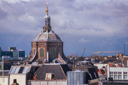 View of cityscape on the center of the town and Marekerk, Leiden, Netherlands photo
