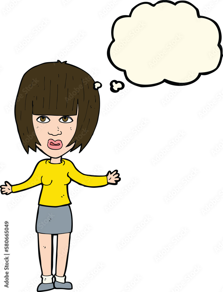 cartoon woman shrugging shoulders with thought bubble cartoon woman shrugging shoulders with thought bubble