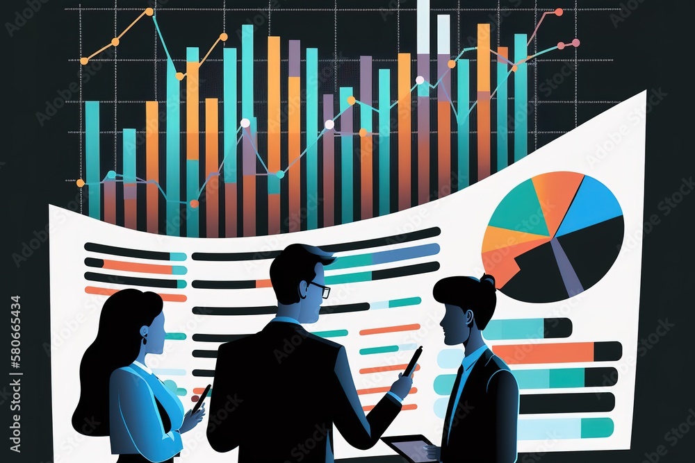 Group of confident business people point to graphs and charts to ...