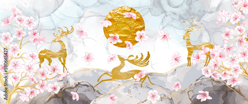 Art wallpaper with deer in the mountains, tree branches sakura flowers. Modern creative design alcohol ink texture for home decor, banners, and prints. Vector illustration.