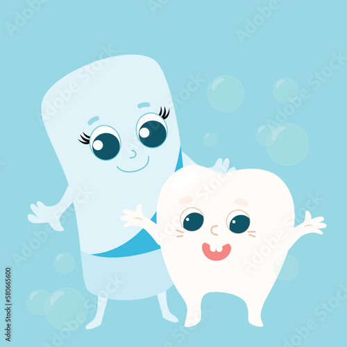 Toothpaste and cheerful healthy baby tooth. Cute characters to keep children's mouth hygiene.