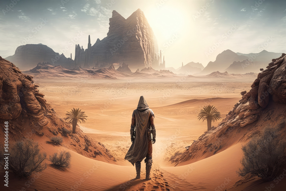a man in a desert with a desert landscape in the background, generative AI