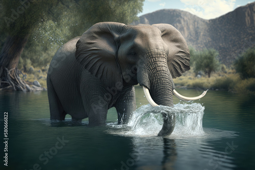 an elephant splashing water inside the river  a 3d rendering  photorealism  generative AI