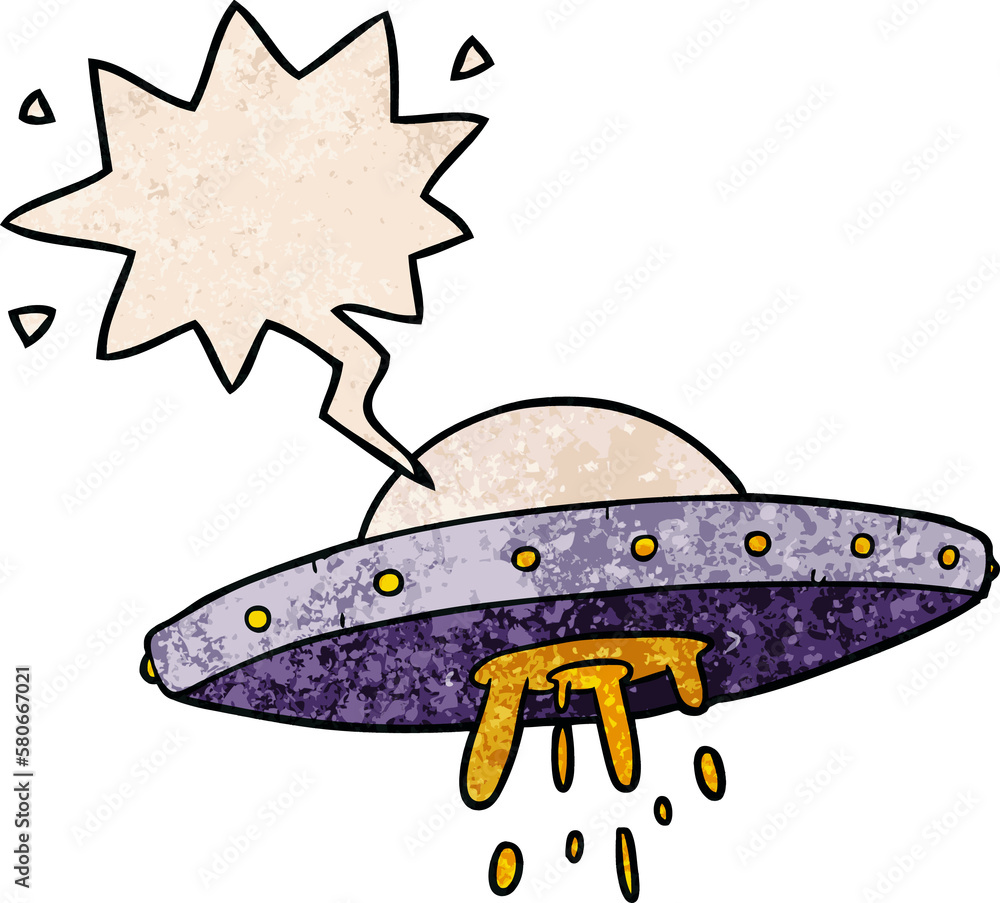cartoon flying UFO and speech bubble in retro texture style cartoon flying UFO and speech bubble in retro texture style