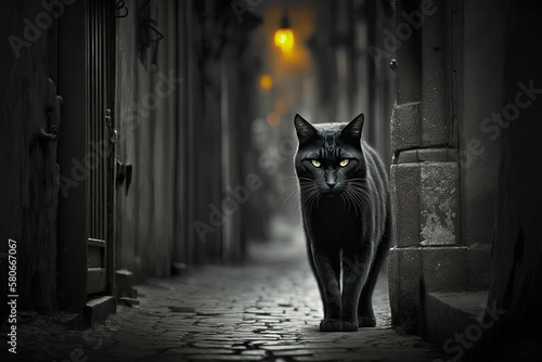 Black cat facing in an isolated street, mysterious photo, generative AI