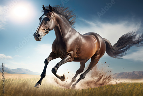 horse running on meadow on a sunny day  generative AI