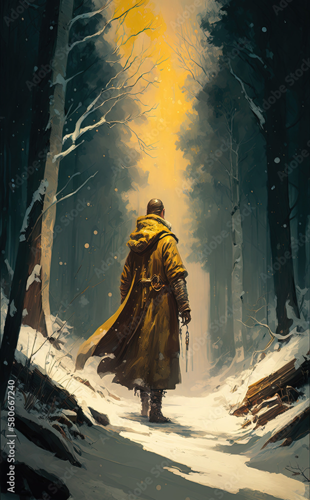 Monk walking in a snowy forest in winter	
