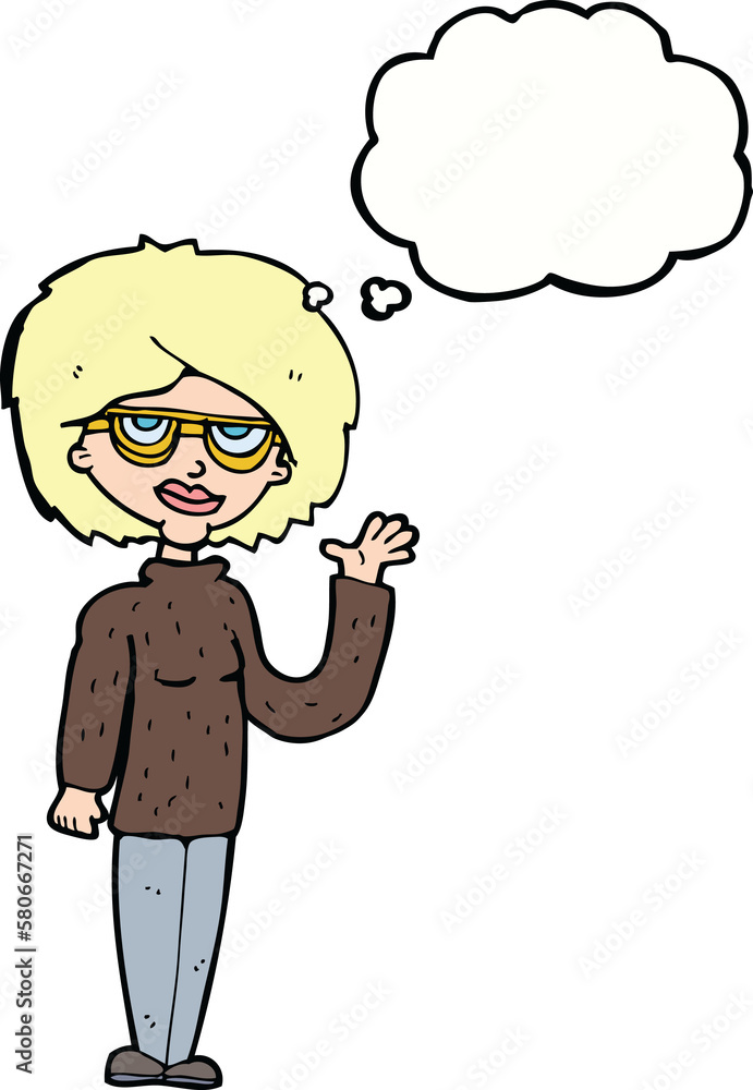 cartoon woman waving with thought bubble cartoon woman waving with thought bubble
