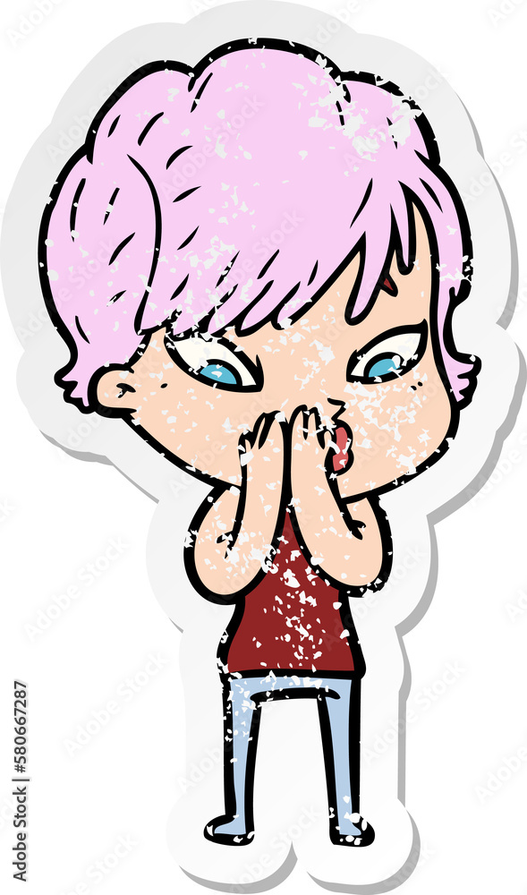distressed sticker of a cartoon woman distressed sticker of a cartoon woman