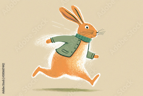  Illustration of an orange rabbit wearing a jacket and scarf running. Children s storybook style. Rabbit running on two legs. Side view. Light background. rabbit in a hurry Generative ai.