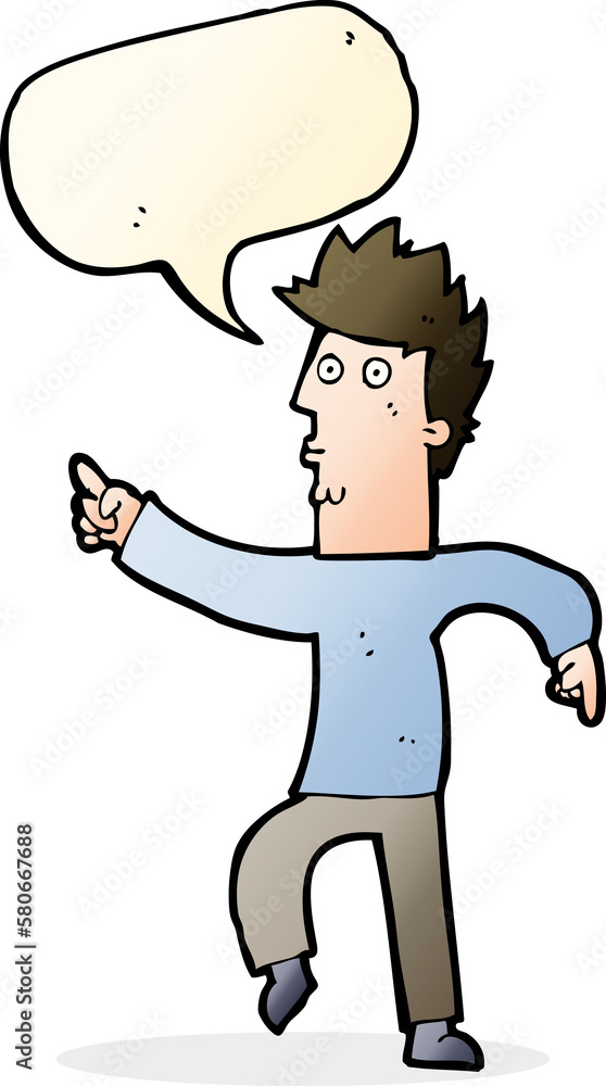 cartoon worried man pointing with speech bubble