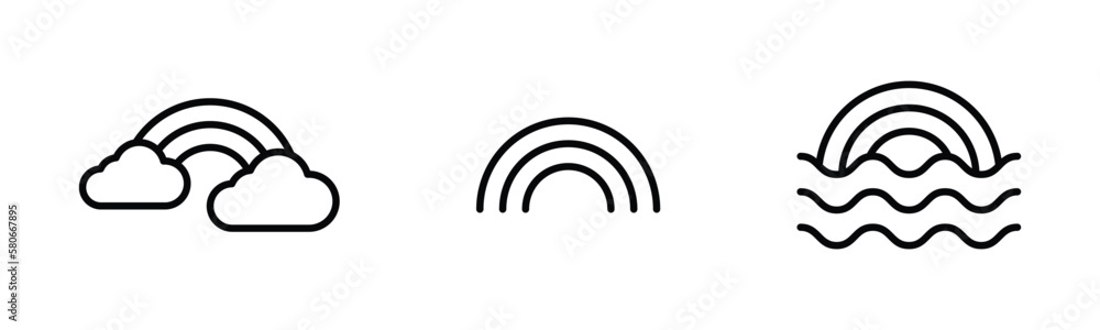 Obraz premium Rainbow icon set. Simple line rainbow. Rainbow over the clouds icons. Rainbow over sea water icon symbol, vector illustration