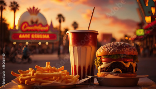 Fast food (delicious burger, french fries and soft drink) on background of a theme park with attractions. Based on Generative AI