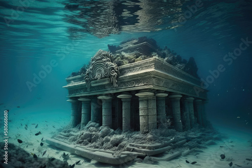 ancient temple submerged in the sea, many stone pillars, ancient tomb, carved stone decorations