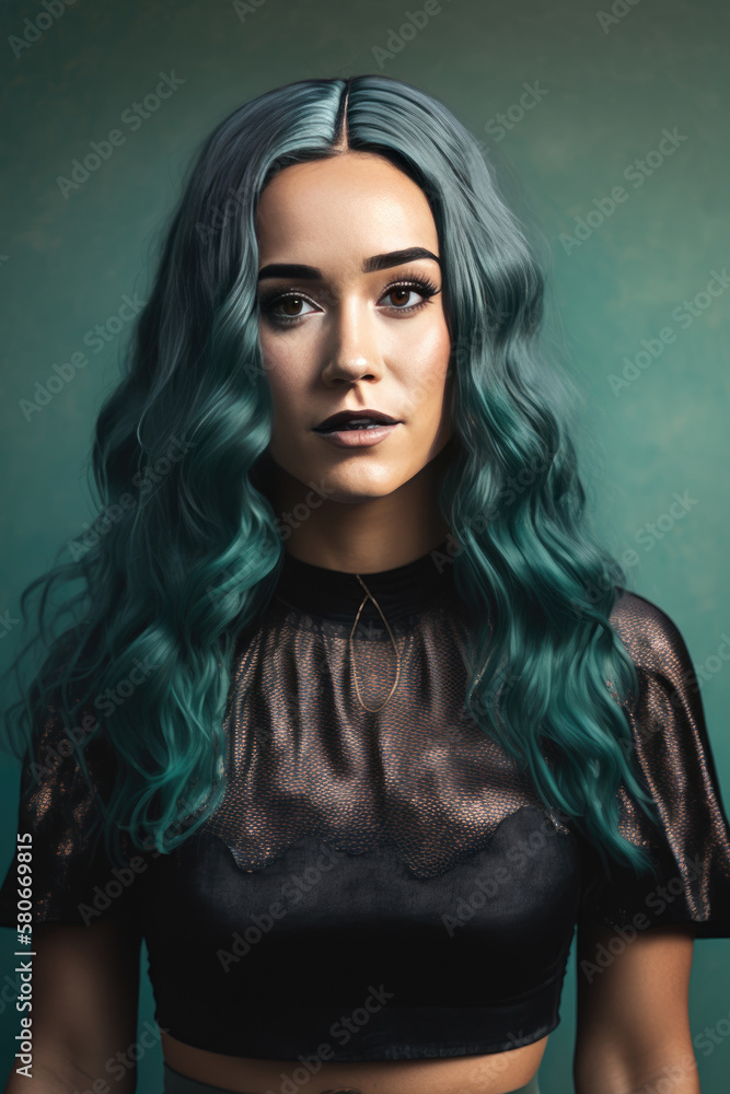 woman with turquoise long hair, black top belly, dark lipstick woman with turquoise long hair, black top belly, dark lipstick