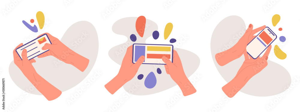Hands holding smartphones. Cartoon mobile phones in hands, fingers scrolling and tapping device screens flat illustration set. Human hands holding gadgets