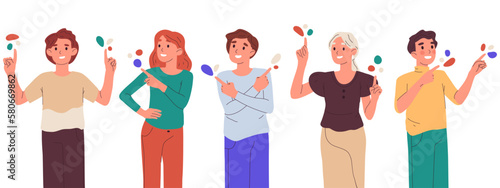Characters pointing to something. People indicating and pointing with index finger side, up and down flat vector symbols illustrations set