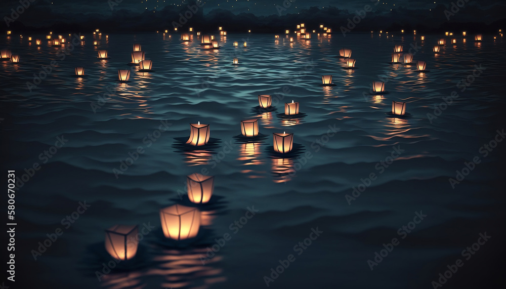 Paper lanterns float on dark water. Traditional Floating Lantern