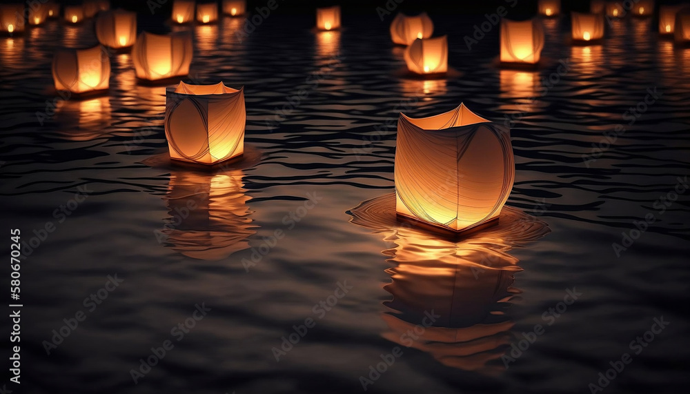 Paper lanterns float on dark water. Traditional Floating Lantern
