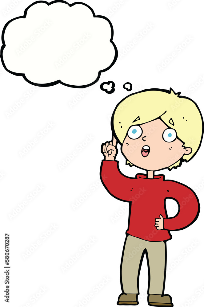 cartoon boy with idea with thought bubble cartoon boy with idea with thought bubble