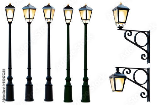 Various types of street lamps isolated on transparent backgrounds. 3D Render