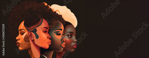 Multiple afro american women faces graphic illustration. Girl power and strength. Banner with full of copy space. Generative AI.