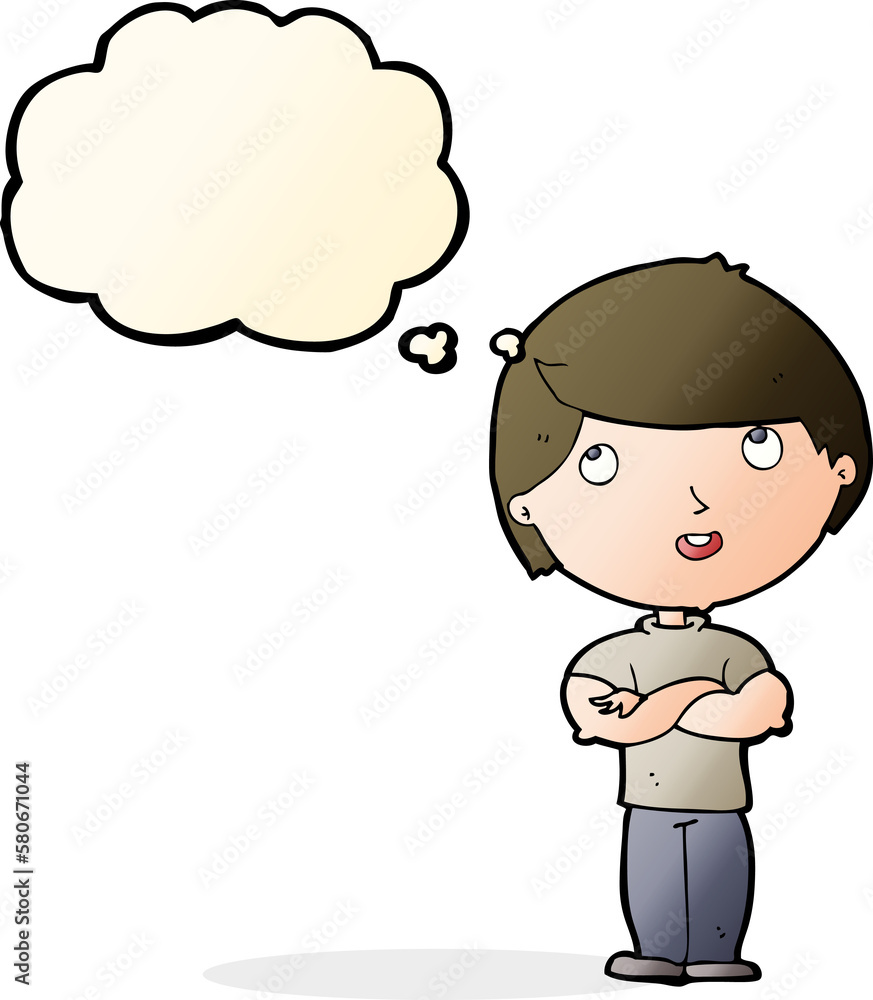 cartoon happy man with folded arm with thought bubble cartoon happy man with folded arm with thought bubble