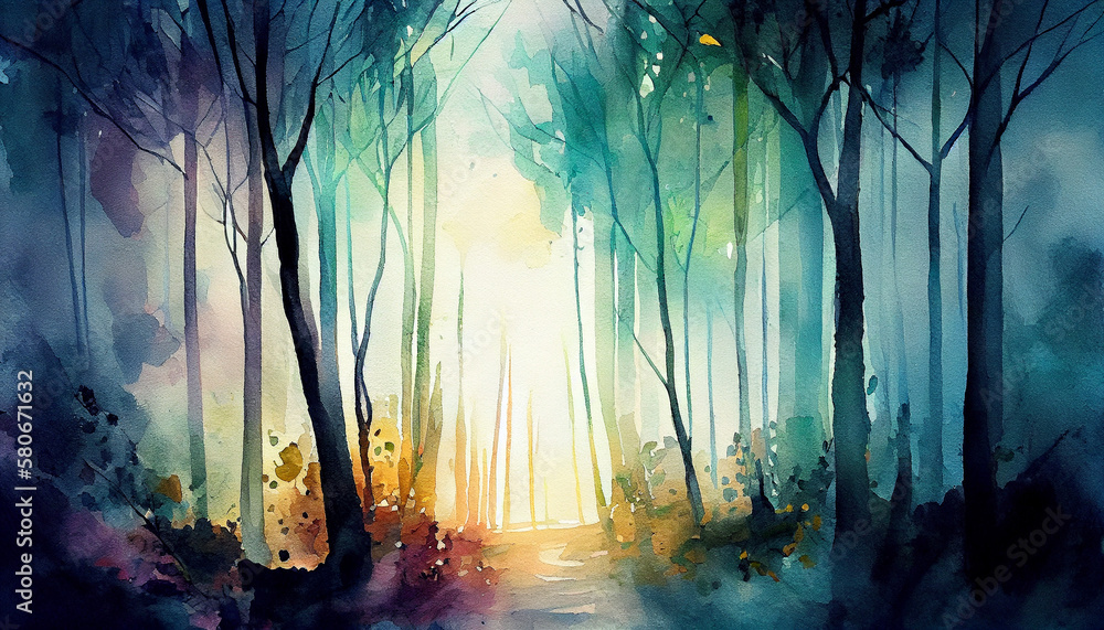 A serene generative ai illustration of a misty forest with rays of sunlight filtering through the trees, creating a magical atmosphere