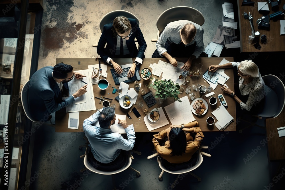 Fototapeta premium From the above of a group of diverse colleagues in formal clothing discussing business ideas while gathering at table in a modern office and working together, AI genertaed