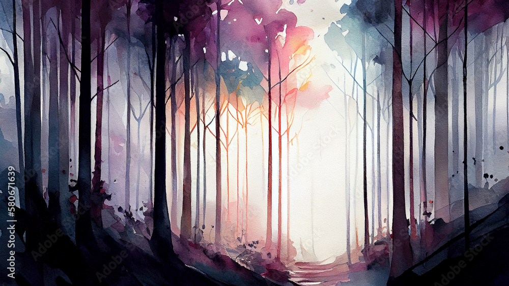 A serene generative ai illustration of a misty forest with rays of sunlight filtering through the trees, creating a magical atmosphere