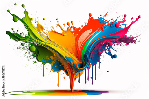 Exploding liquid paint in rainbow colors with splashes