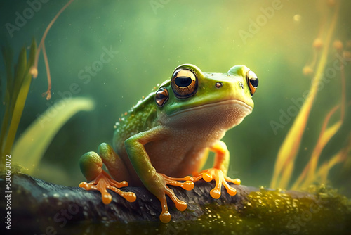 Exotic little frog. Green amphibian with big eyes. A colorful animal in the wild. Macro style illustration. Blurred background. Generative AI.