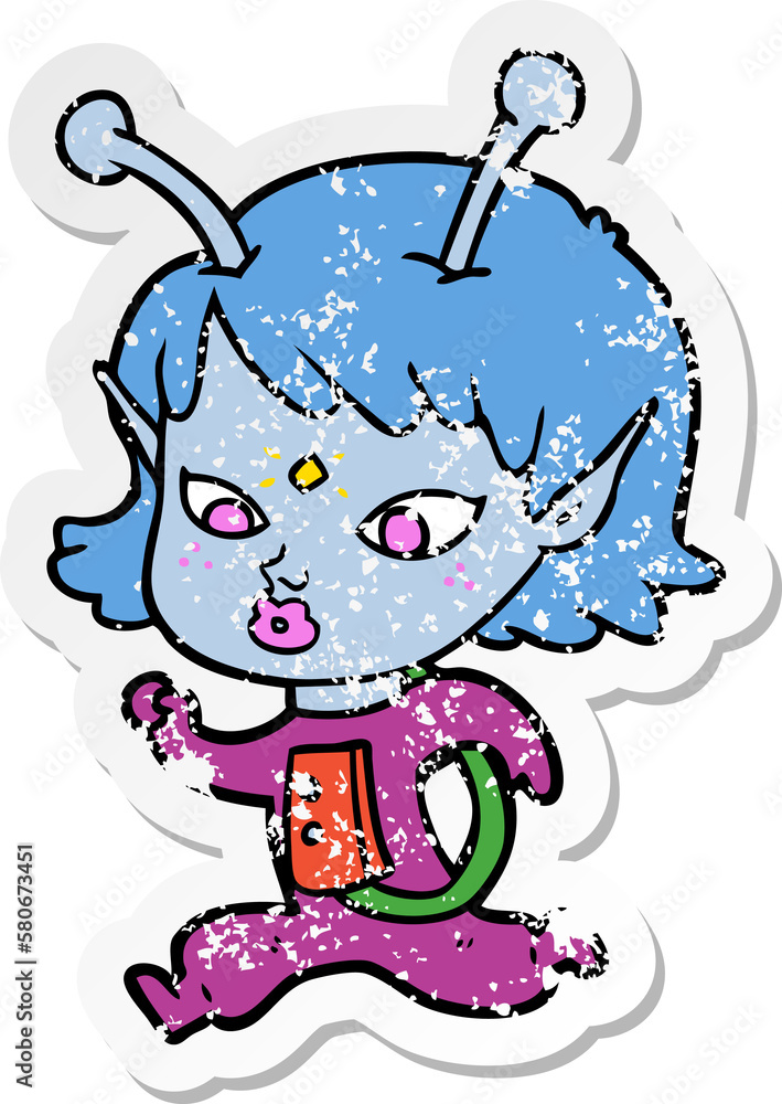 Fototapeta premium distressed sticker of a pretty cartoon alien girl running
