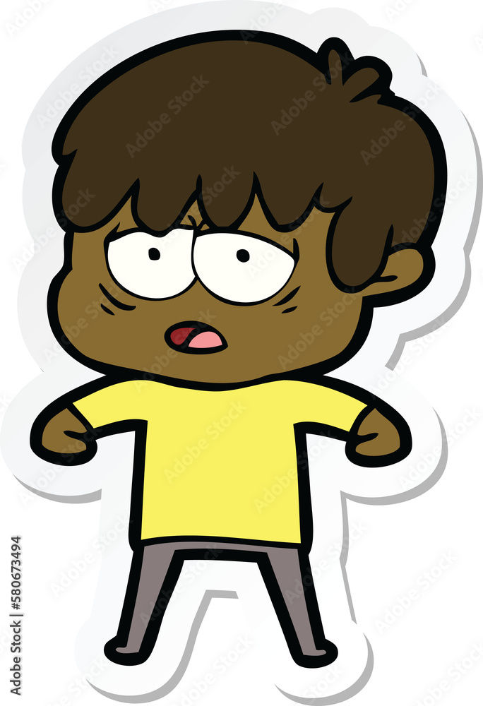 sticker of a cartoon exhausted boy sticker of a cartoon exhausted boy