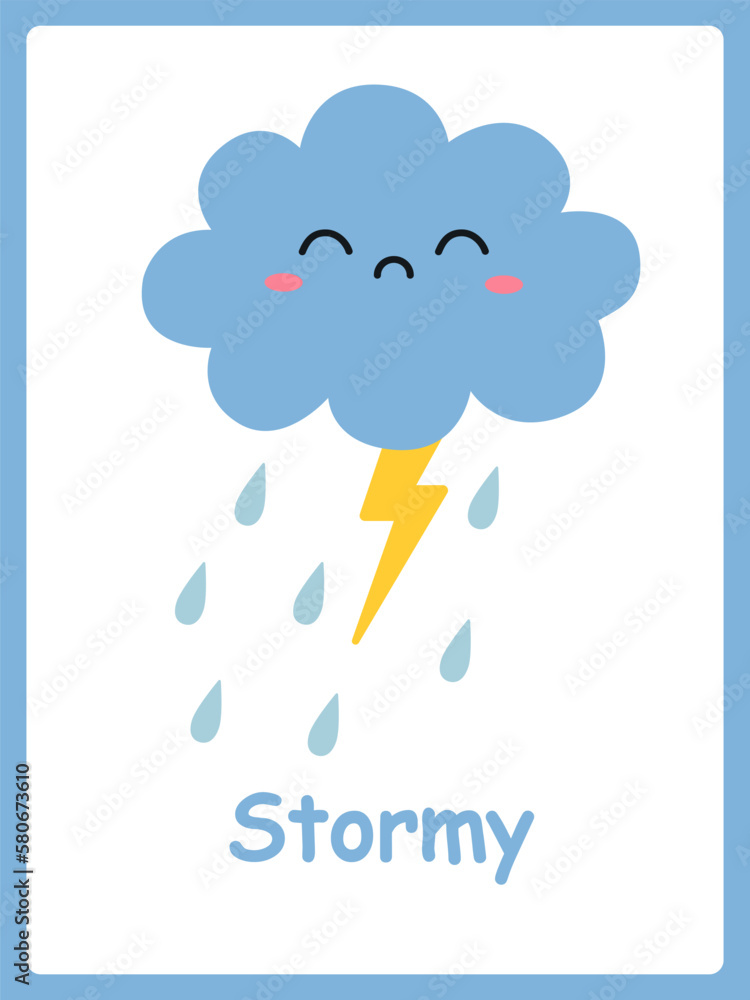 The card is stormy. Cute cartoon clouds and lightning. Children's cards for learning with weather elements. Vector illustration.
The card is stormy. Cute cartoon clouds and lightning. Children's cards for learning with weather elements. Vector illustration.