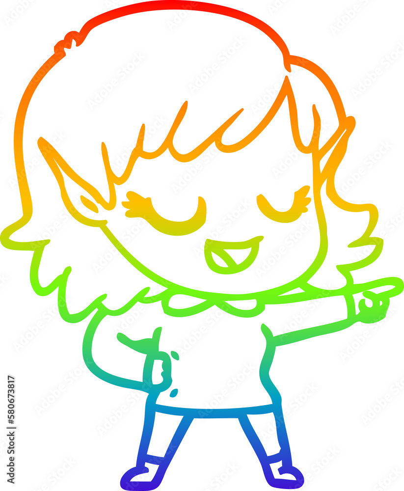 rainbow gradient line drawing happy cartoon elf girl pointing rainbow gradient line drawing happy cartoon elf girl pointing