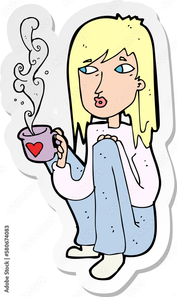 sticker of a cartoon woman with cup of coffee sticker of a cartoon woman with cup of coffee