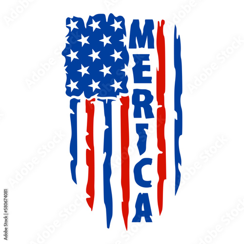 Distressed USA flag with Merica word. Celebration of 4th of July USA Independence Day vector tee shirt design. Designed in Stars and Stripes.  photo